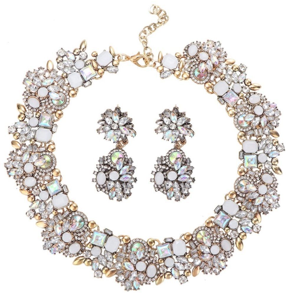 Yellow Gold with Iridescent AB Austrian Crystal Chunky Necklace and Earrings Set